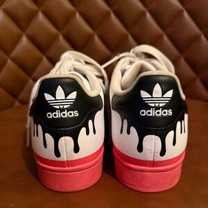 Adidas Superstar White and Black with Pink Soles and Black Drip